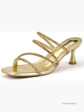 Strappy Rhinestone Low Kitten Heels Square Open Toe Mule Dressy Slip On Heeled